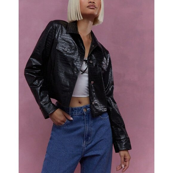 MISSGUIDED Crocodile Effect Crop Jacket Black Vegan Faux Leather Size 4 USA - Picture 1 of 7